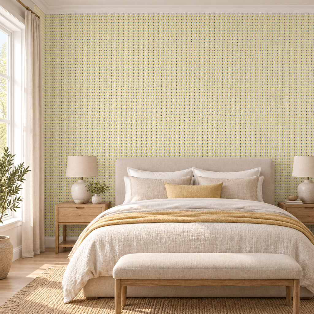 Basket Weave, peel and stick wallpaper styled on a feature wall
