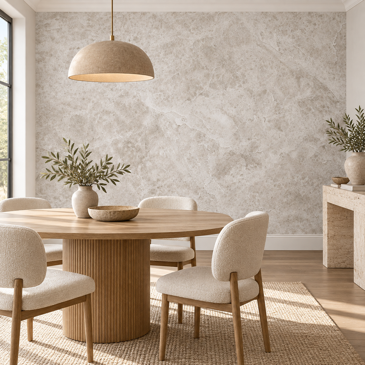 Beige Marble, peel and stick wallpaper styled on a feature wall