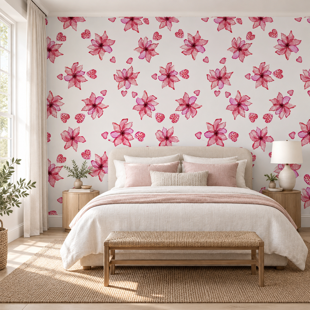 Berry Blossoms, peel and stick wallpaper styled on a feature wall
