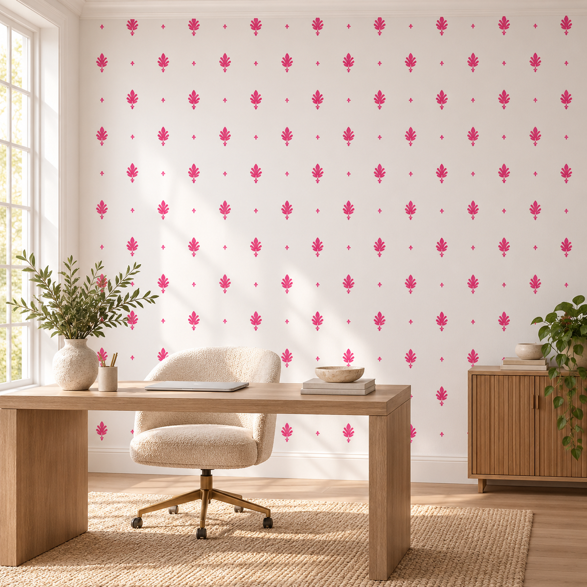 Blossom Crest, peel and stick wallpaper styled on a feature wall