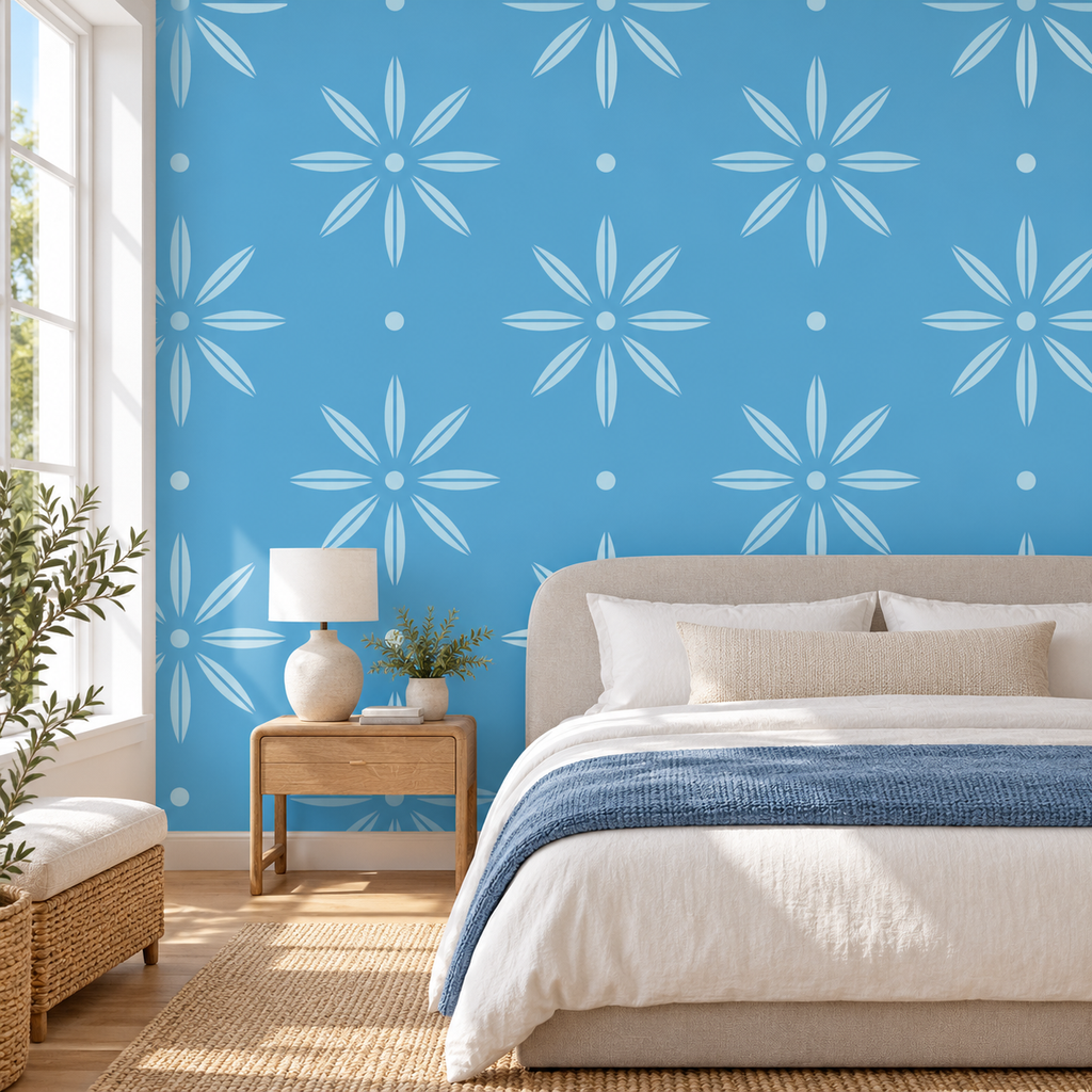Blue Daisies, peel and stick wallpaper styled on a feature wall