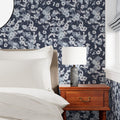 Blue Everlastings by De-Anne Strange, peel and stick wallpaper styled in a room