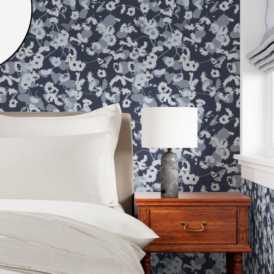 Blue Everlastings by De-Anne Strange, peel and stick wallpaper styled in a room
