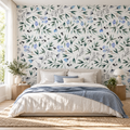 Blue Meadow, peel and stick wallpaper styled on a feature wall