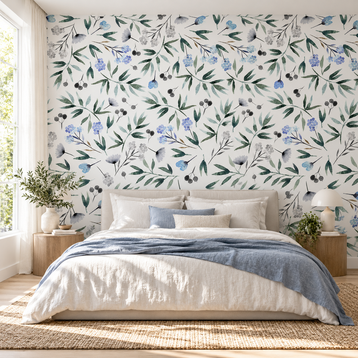 Blue Meadow, peel and stick wallpaper styled on a feature wall