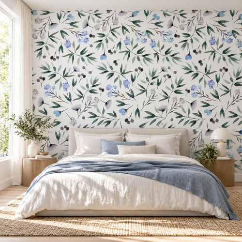 Blue Meadow, peel and stick wallpaper styled on a feature wall