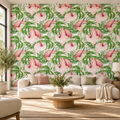 Blush Anthurium, peel and stick wallpaper styled on a feature wall
