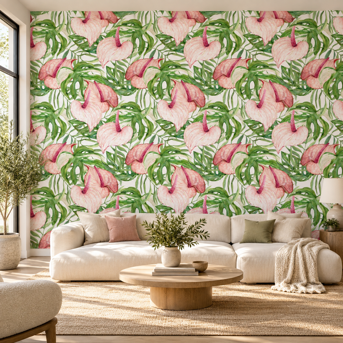Blush Anthurium, peel and stick wallpaper styled on a feature wall