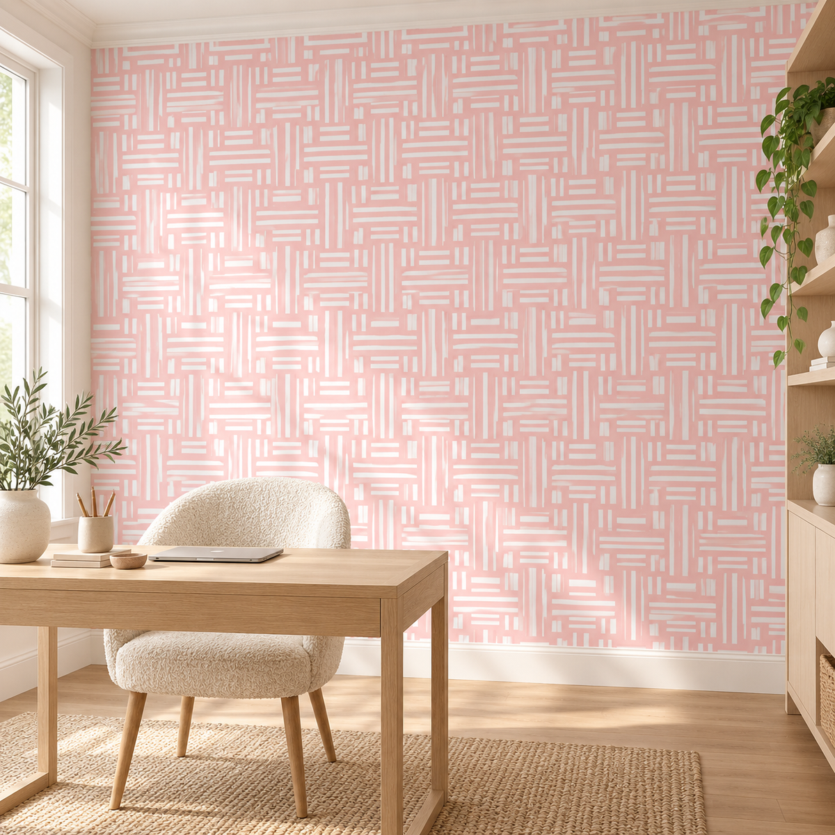 Blush Basket, peel and stick wallpaper styled on a feature wall