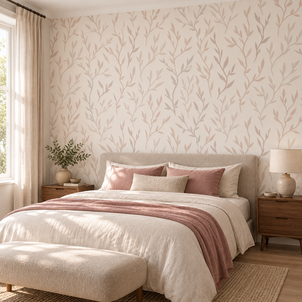 Taupe Botanicals, peel and stick wallpaper styled on a feature wall