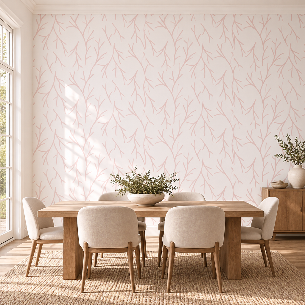 Blush Branches, peel and stick wallpaper styled on a feature wall