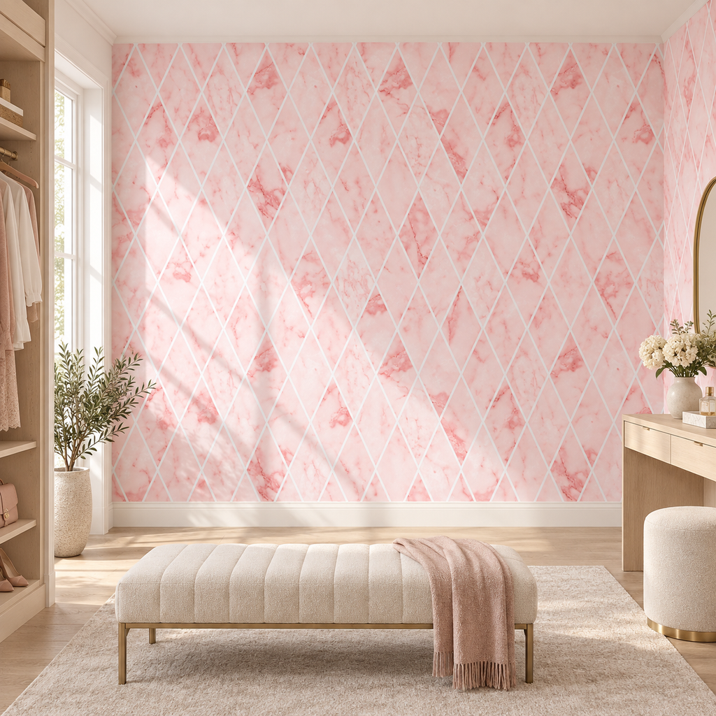 Blush Facets, peel and stick wallpaper styled on a feature wall