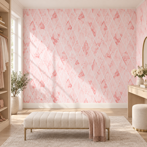 Blush Facets, peel and stick wallpaper styled on a feature wall