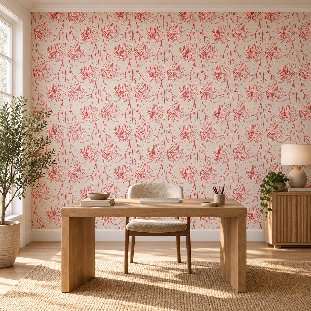 Blush Fern, peel and stick wallpaper styled on a feature wall