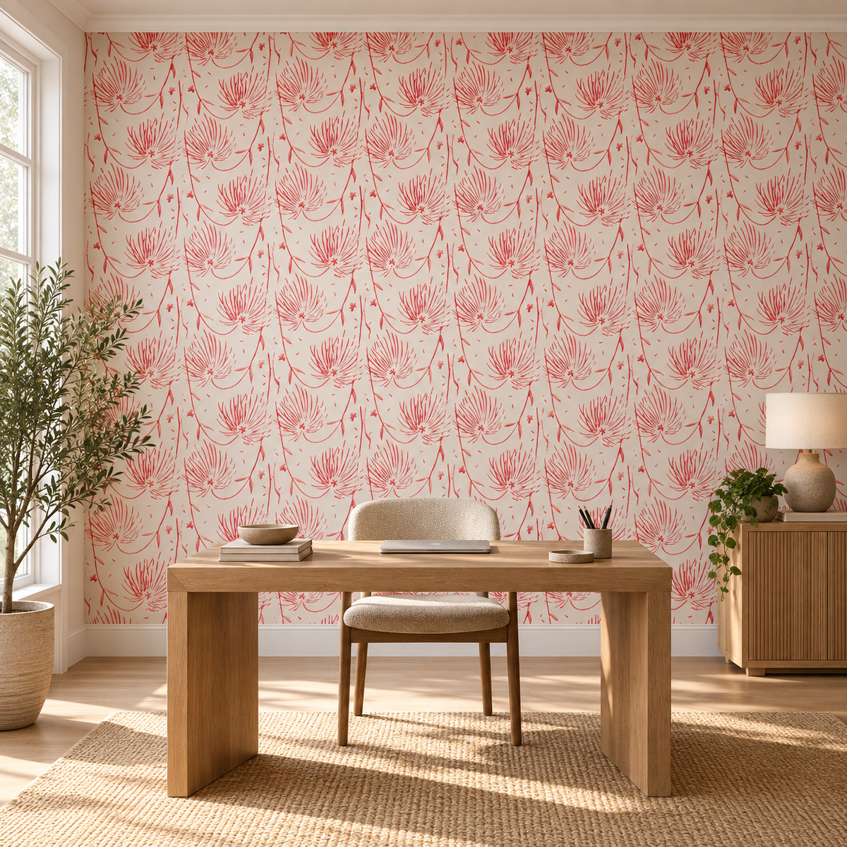 Blush Fern, peel and stick wallpaper styled on a feature wall
