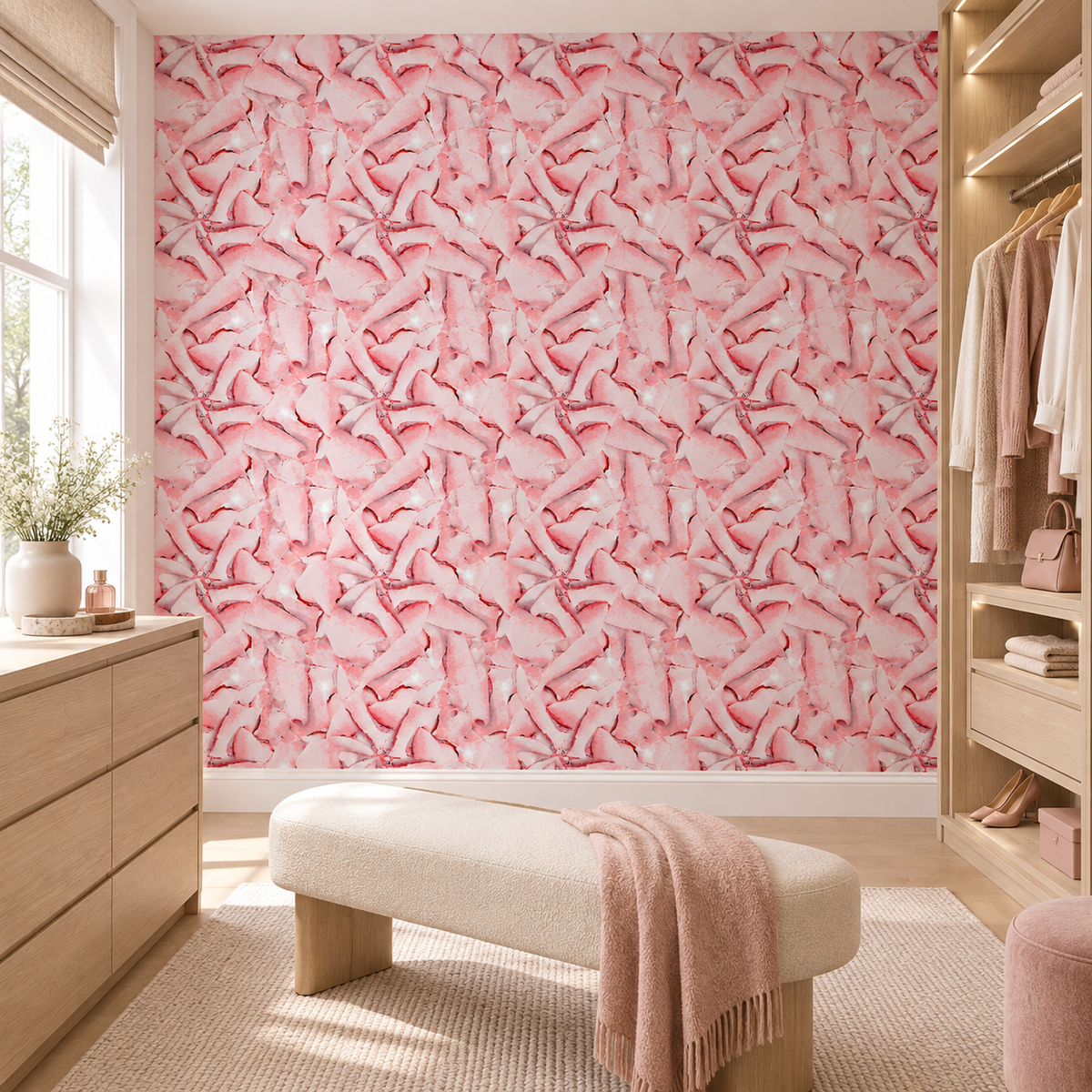 Blush Fragments, peel and stick wallpaper styled on a feature wall