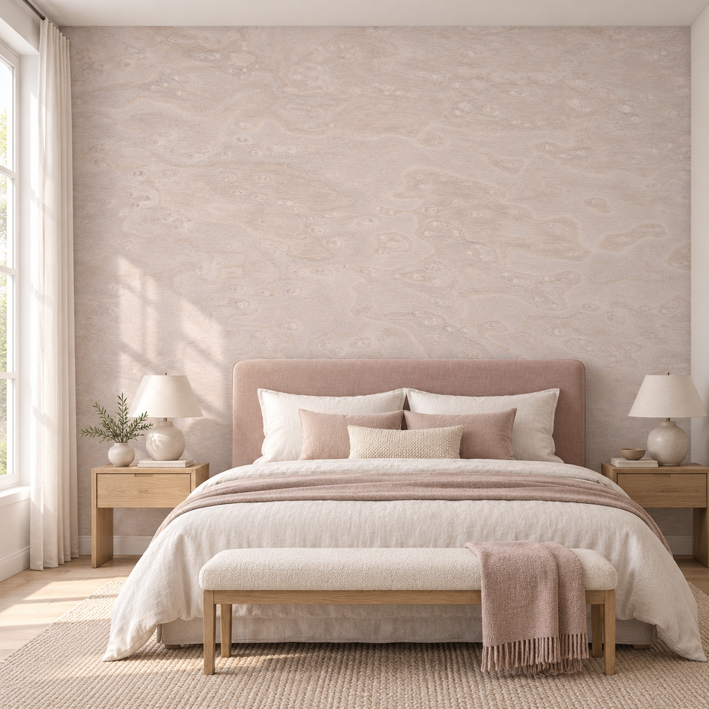 Blush Grain, peel and stick wallpaper styled on a feature wall