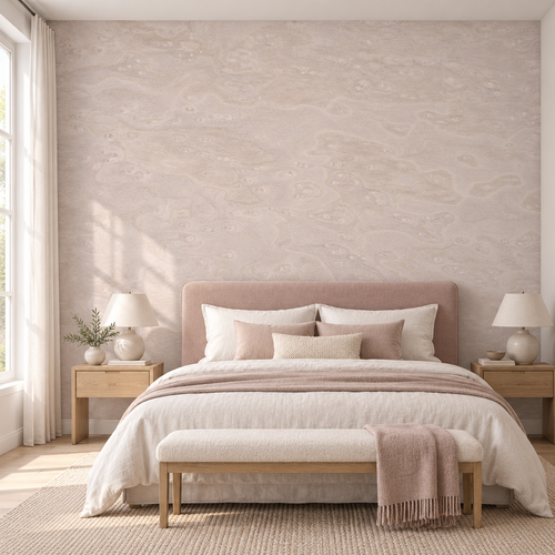 Blush Grain, peel and stick wallpaper styled on a feature wall