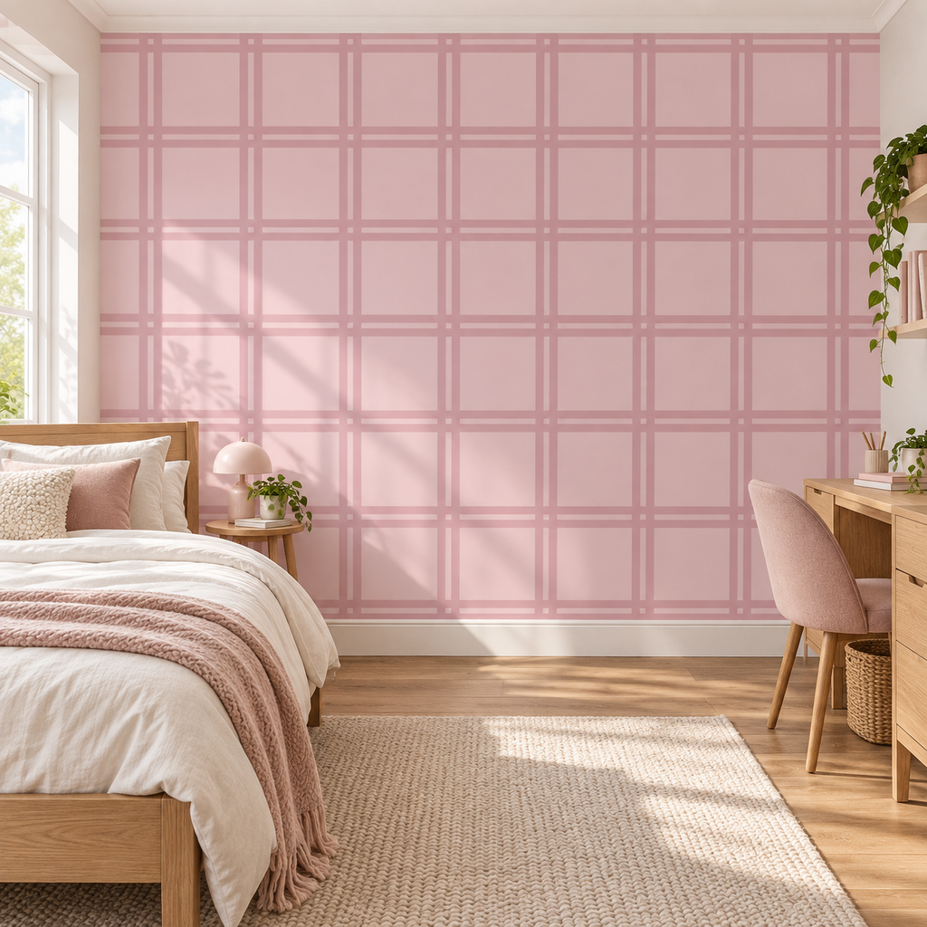 Blush Windowpane, peel and stick wallpaper styled on a feature wall