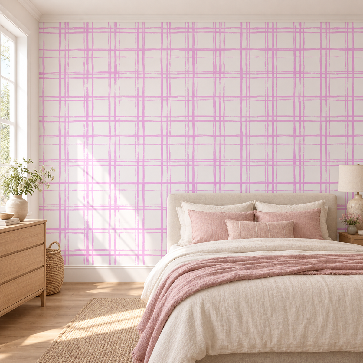 Blush Grid, peel and stick wallpaper styled on a feature wall