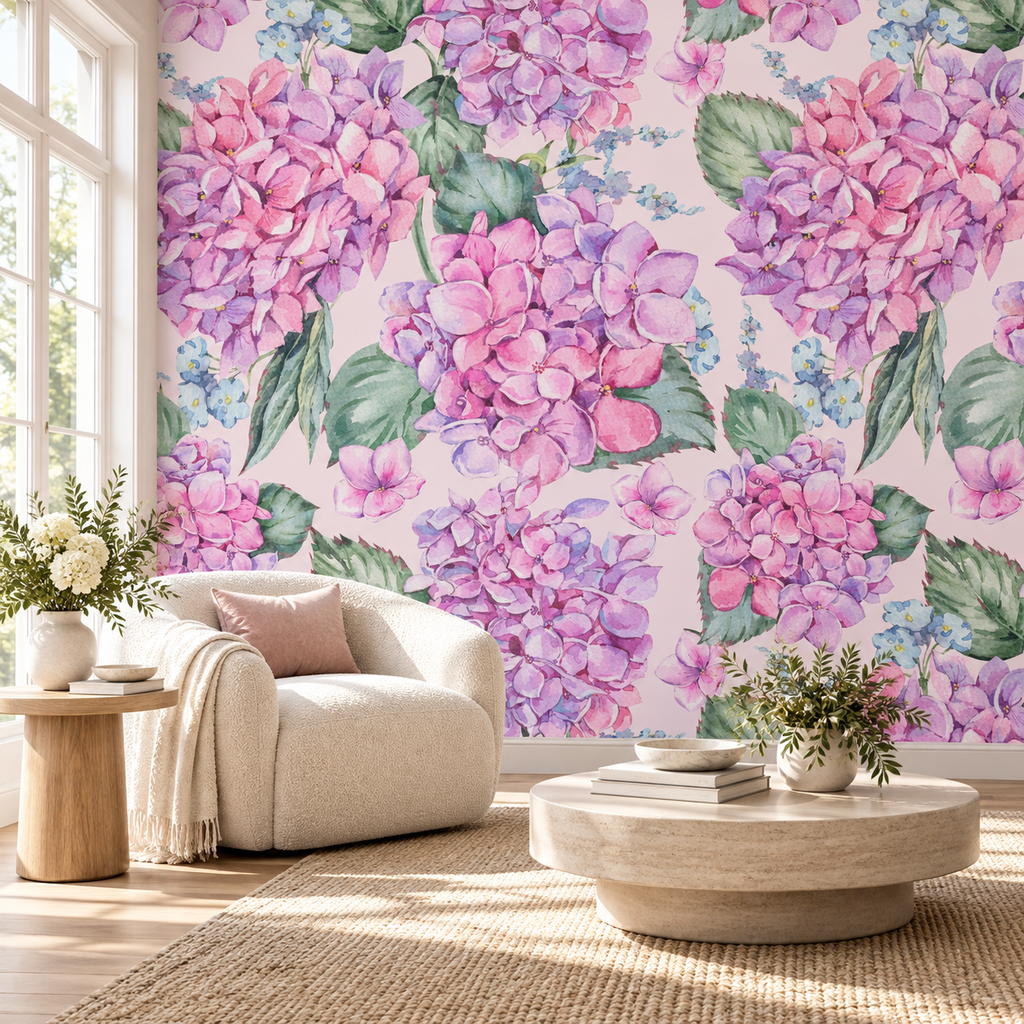 Blush Hydrangeas, peel and stick wallpaper styled on a feature wall