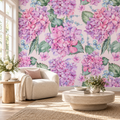 Blush Hydrangeas, peel and stick wallpaper styled on a feature wall