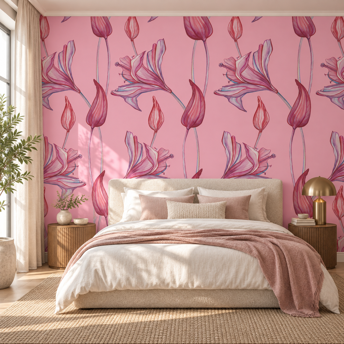 Blush Lilies, peel and stick wallpaper styled on a feature wall