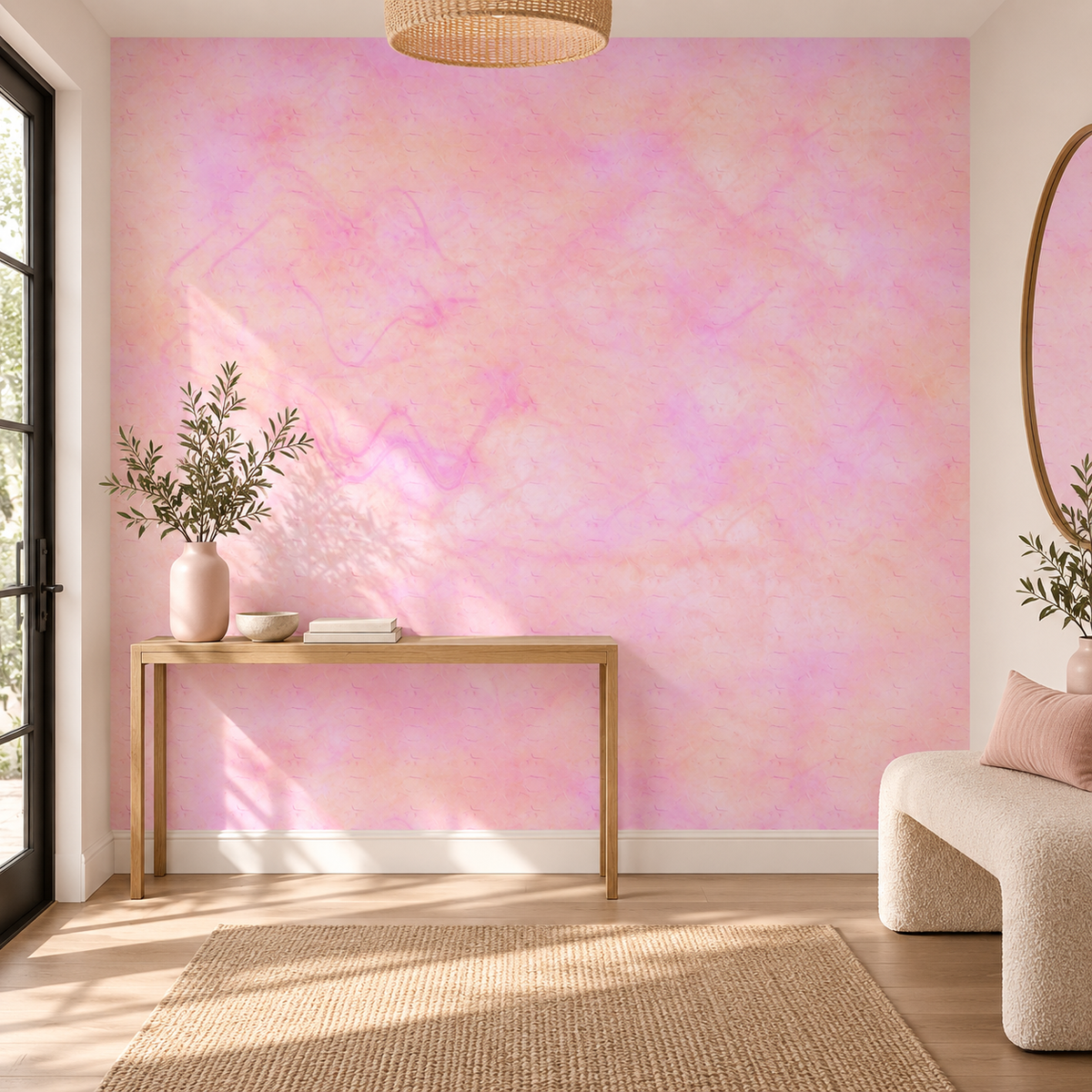 Blush Marble, peel and stick wallpaper styled on a feature wall