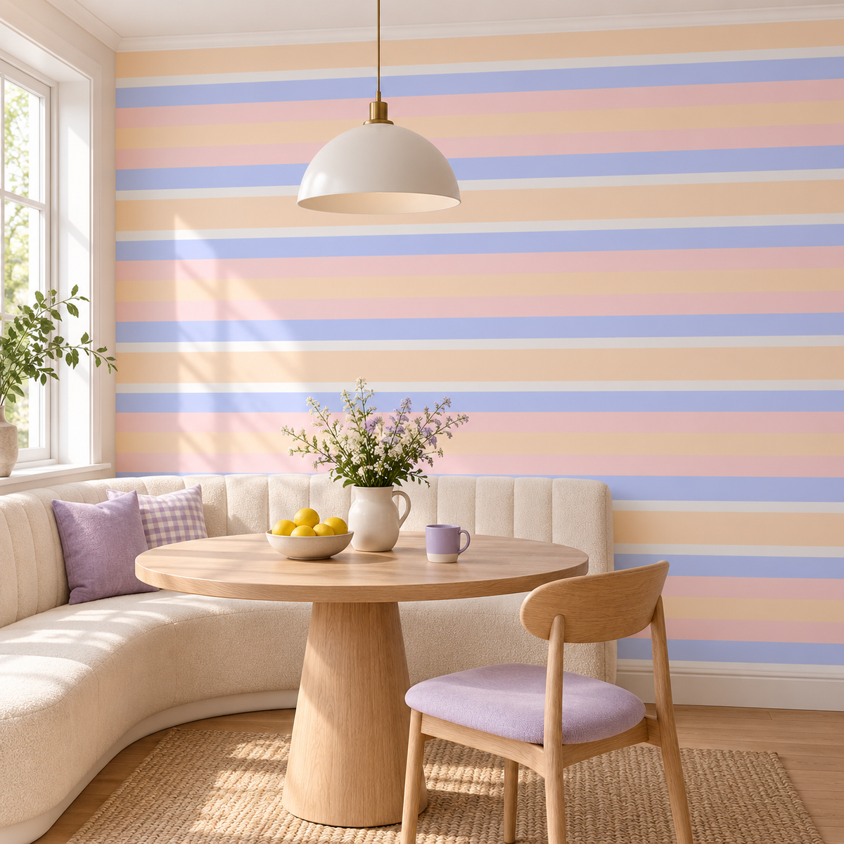Blush Bands, peel and stick wallpaper styled on a feature wall
