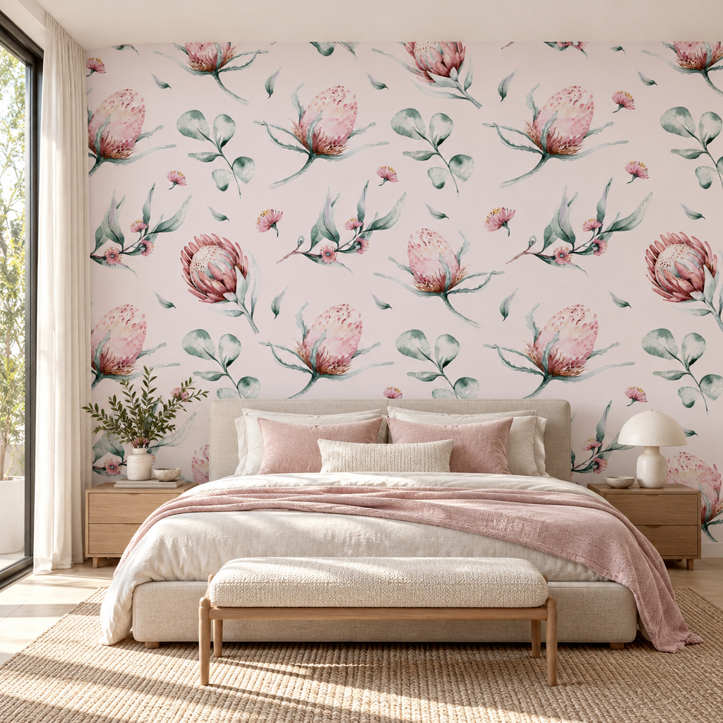 Blush Meadow, peel and stick wallpaper styled on a feature wall