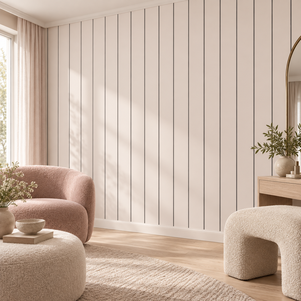 Blush Panels, peel and stick wallpaper styled on a feature wall