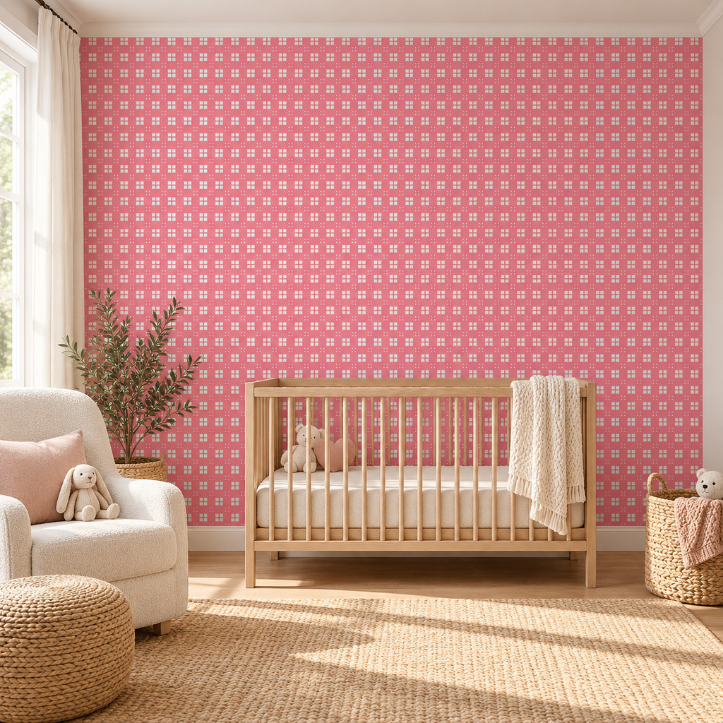 Blush Pindot, peel and stick wallpaper styled on a feature wall