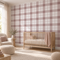Blush Plaid, peel and stick wallpaper styled on a feature wall