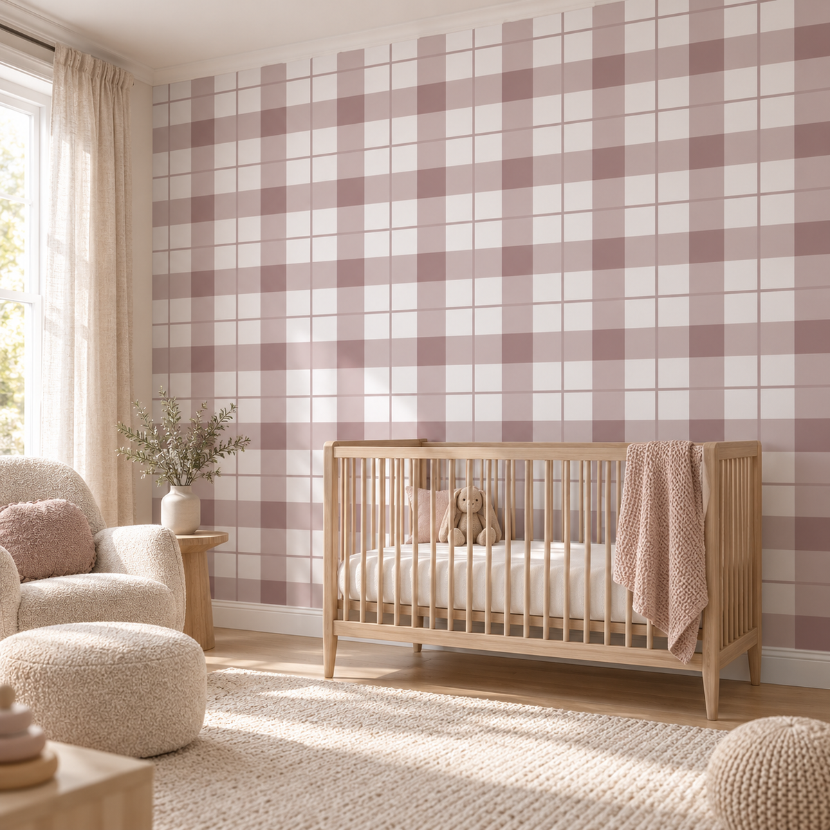 Blush Plaid, peel and stick wallpaper styled on a feature wall