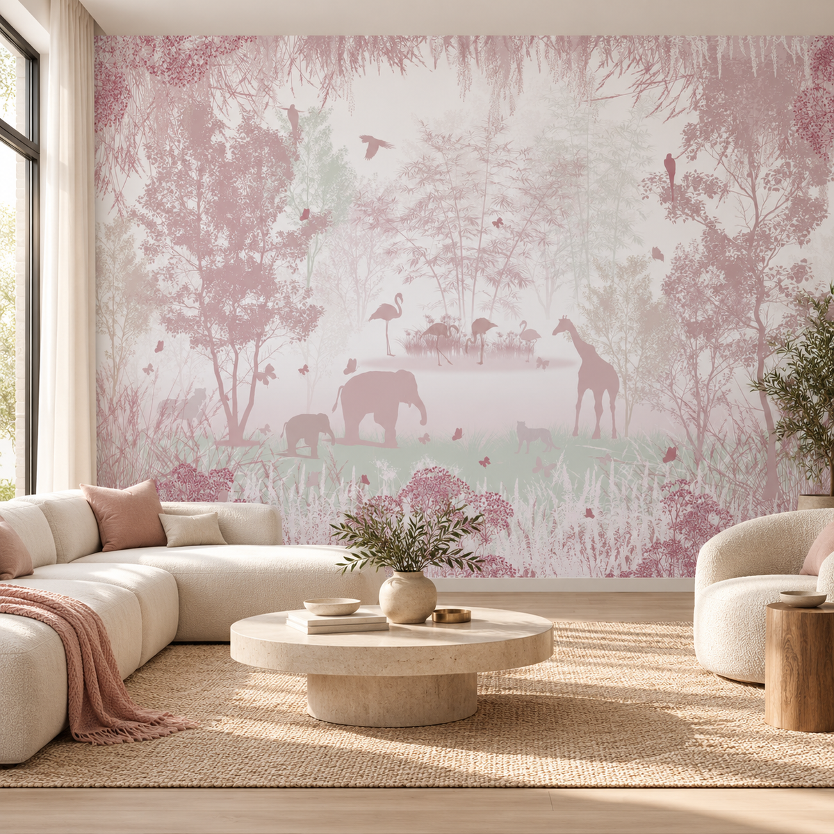 Blush Safari, peel and stick wallpaper styled on a feature wall