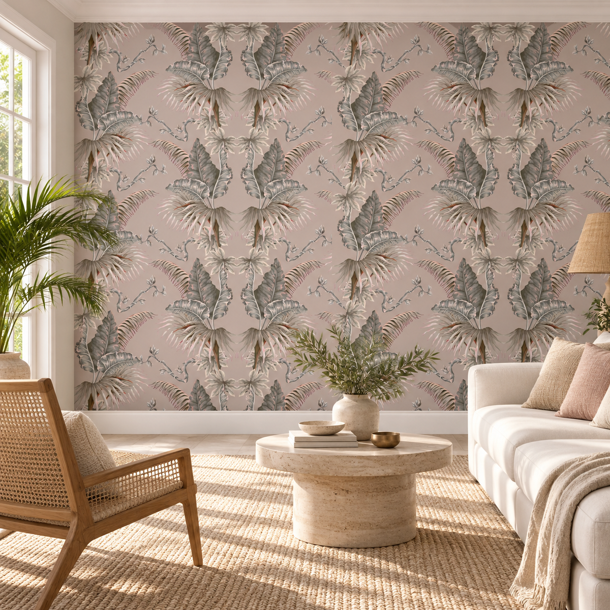 Blush Foliage, peel and stick wallpaper styled on a feature wall