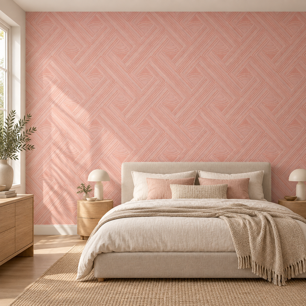 Blush Weave, peel and stick wallpaper styled on a feature wall