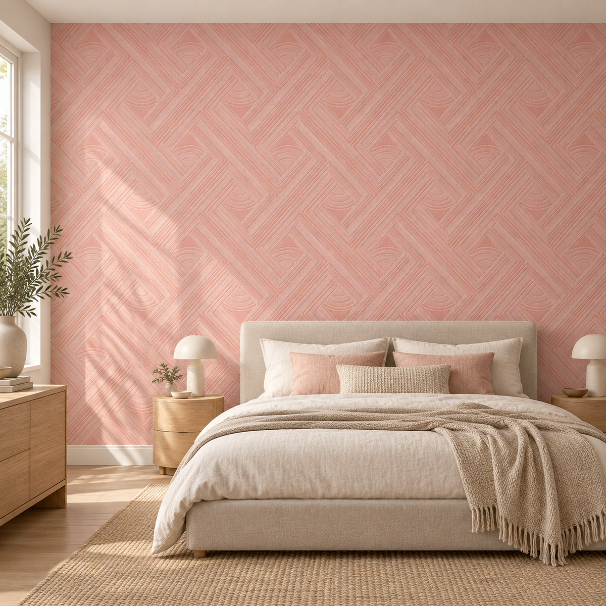 Blush Weave, peel and stick wallpaper styled on a feature wall