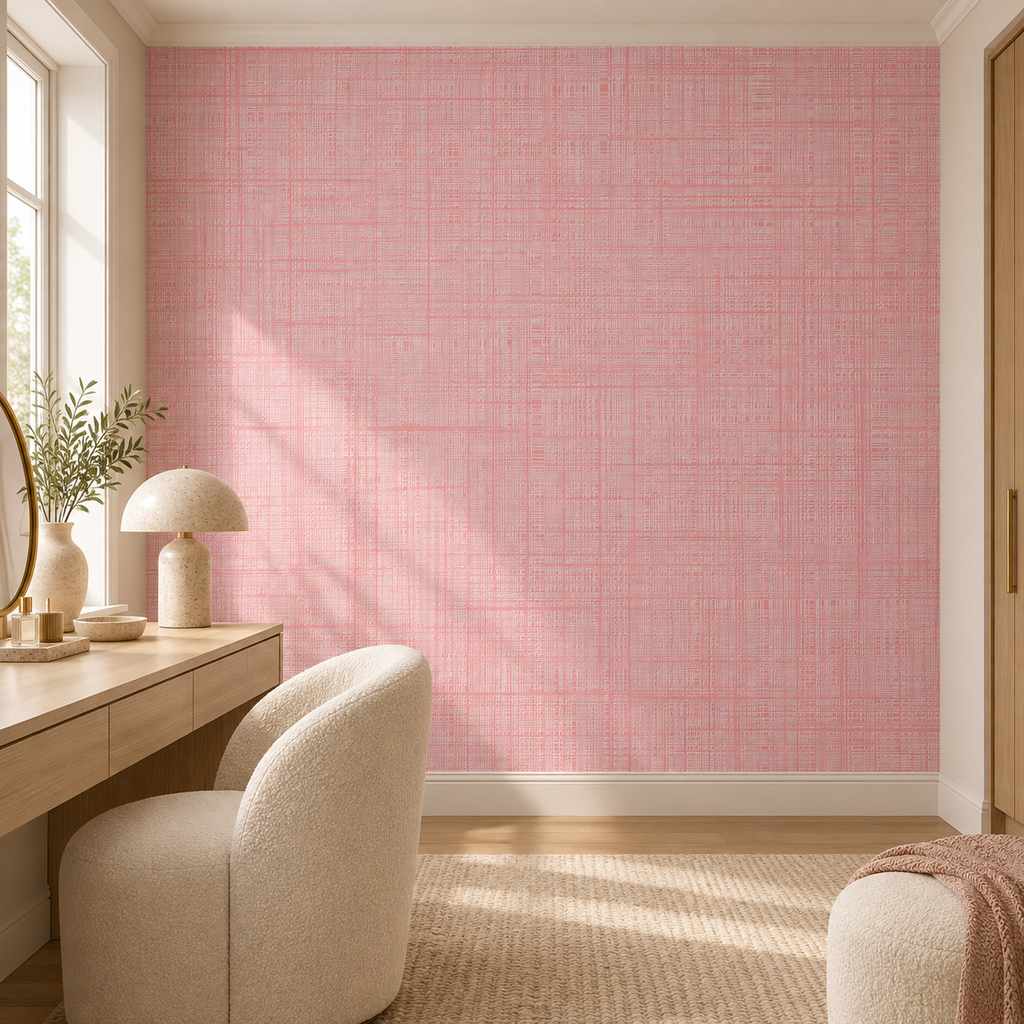 Blush Crosshatch, peel and stick wallpaper styled on a feature wall