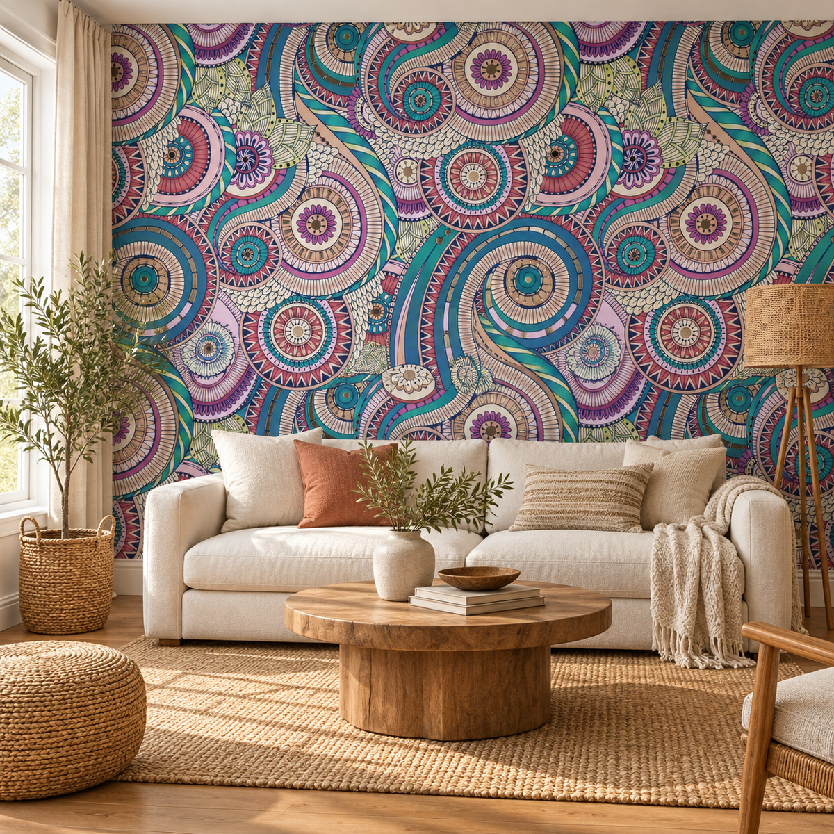 Boho Mandala, peel and stick wallpaper styled on a feature wall