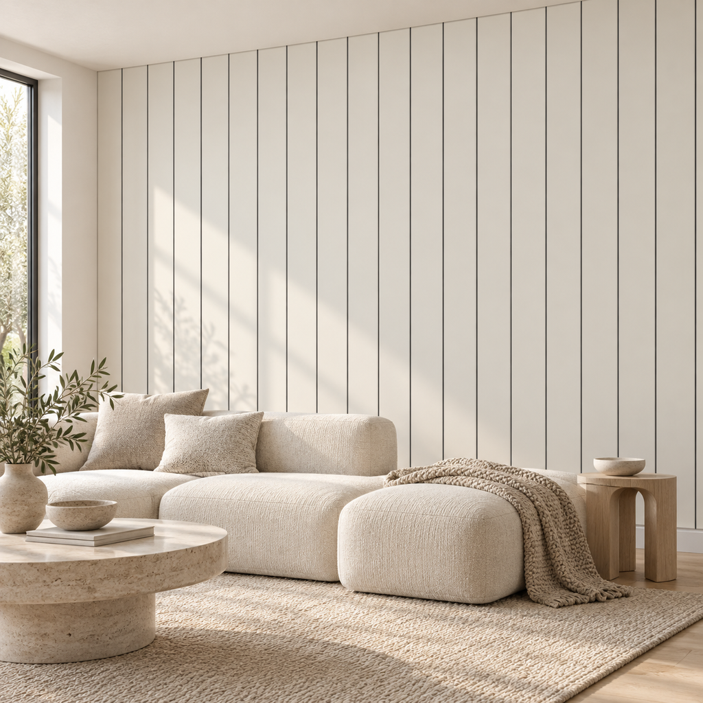 Bone Panels, peel and stick wallpaper styled on a feature wall