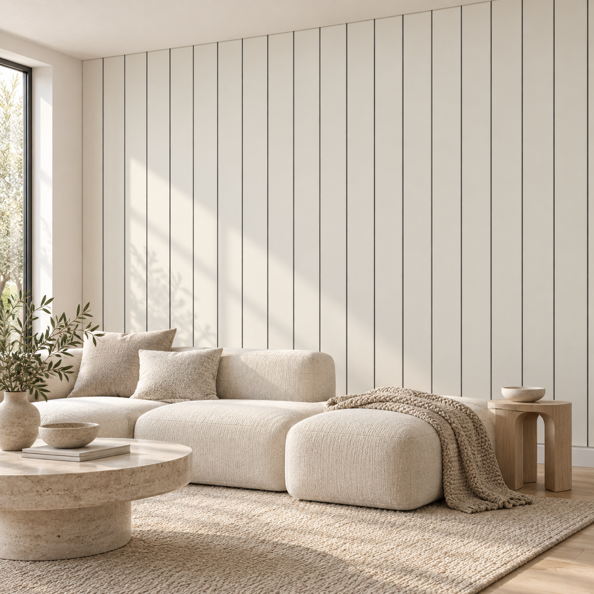 Bone Panels, peel and stick wallpaper styled on a feature wall