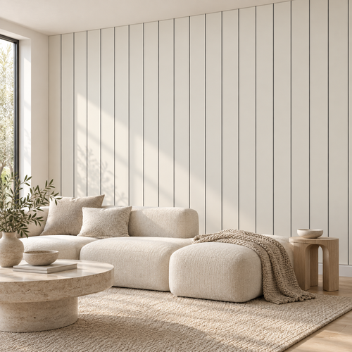 Bone Panels, peel and stick wallpaper styled on a feature wall