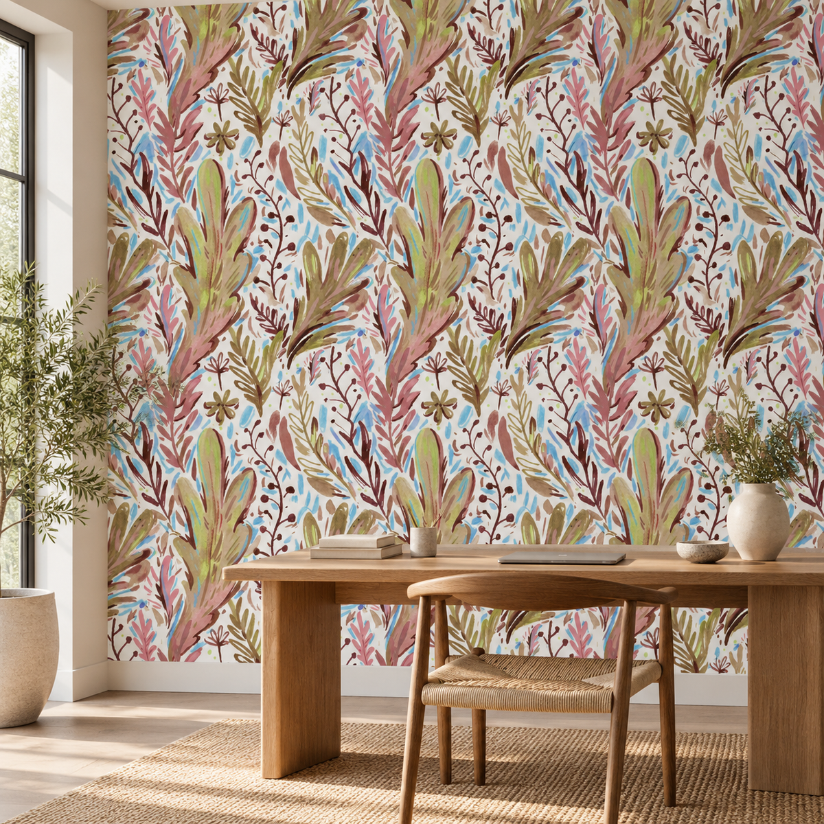 Botanic Sprigs, peel and stick wallpaper styled on a feature wall