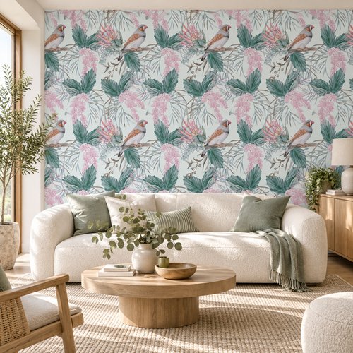 Birdsong Botanicals peel and stick wallpaper styled on a feature wall