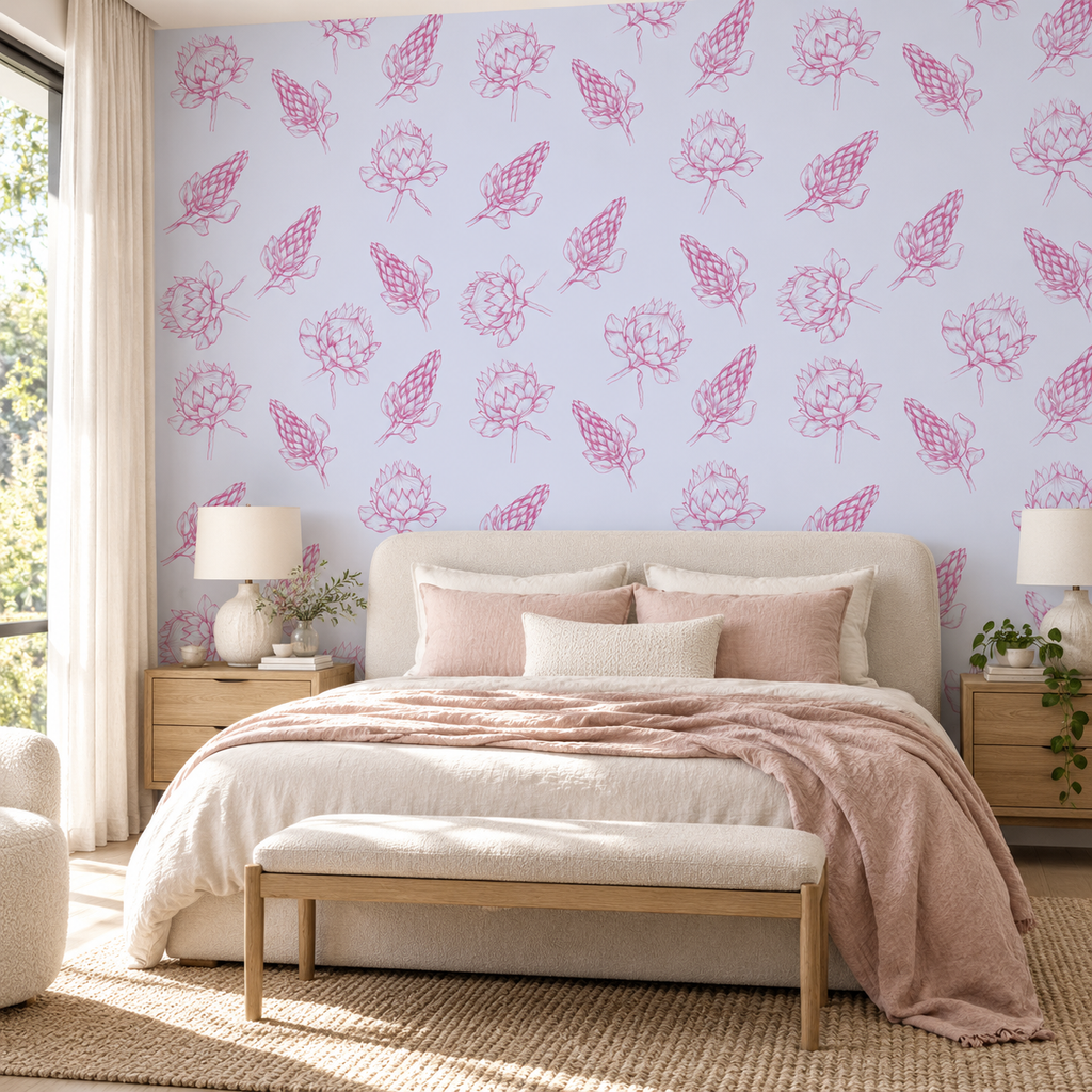 Blush Botanicals peel and stick wallpaper styled on a feature wall