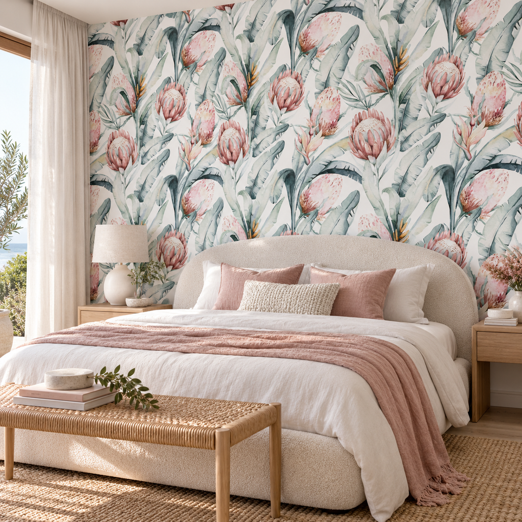 Blush Tropics peel and stick wallpaper styled on a feature wall