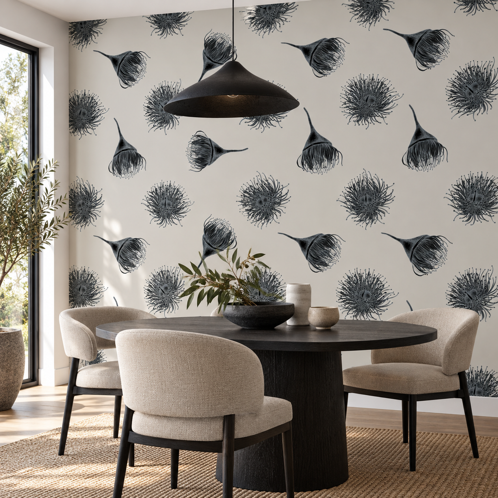 Ink Botanicals peel and stick wallpaper styled on a feature wall