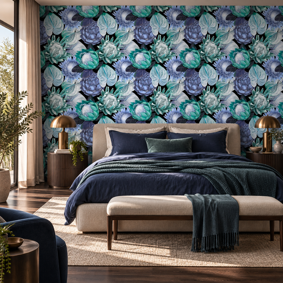 Midnight Botanica peel and stick wallpaper styled on a feature wall