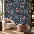 Midnight Whimsy peel and stick wallpaper styled on a feature wall